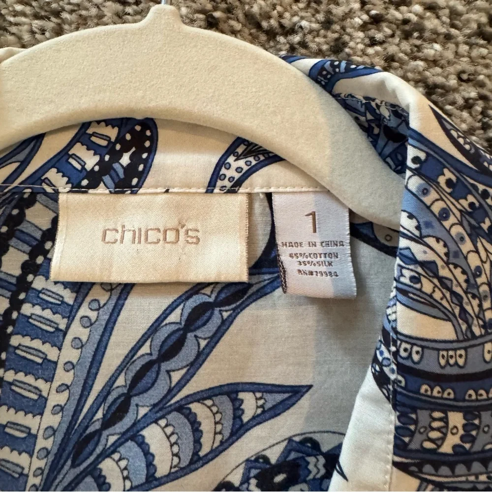 Chico's Blue and White Boxy Button Down Shirt in medium blue paisley - Picture 4 of 14